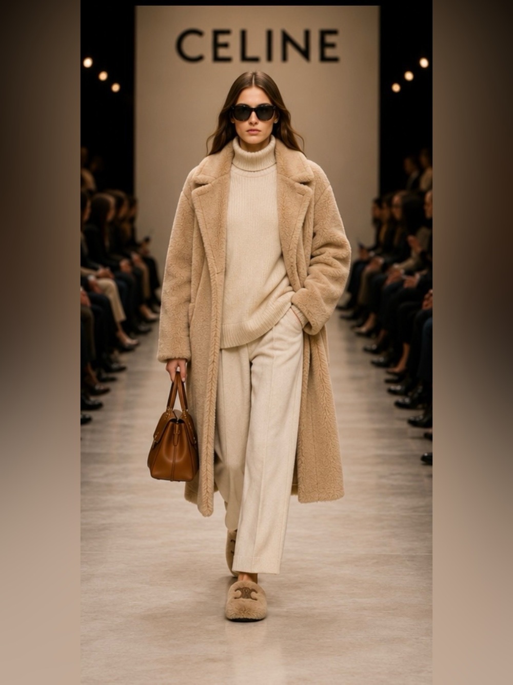 Celine Triomphe Shearling Wool Platform Mules Sz 38 Beige Slip On Italy
